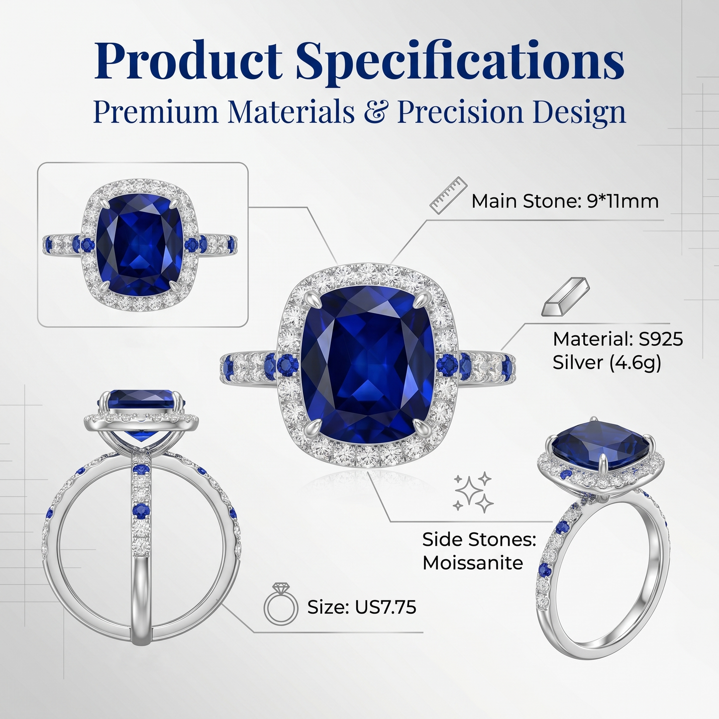 ZR Blue Grace 5.25ct Royal Blue Sapphire Halo 【Nancy】#4386