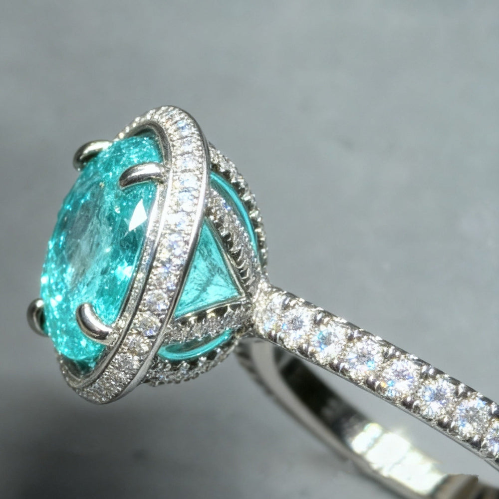 ZR Custom Oval Ice-Cut Paraiba Halo S925 Silver Engagement Ring -【Eren】