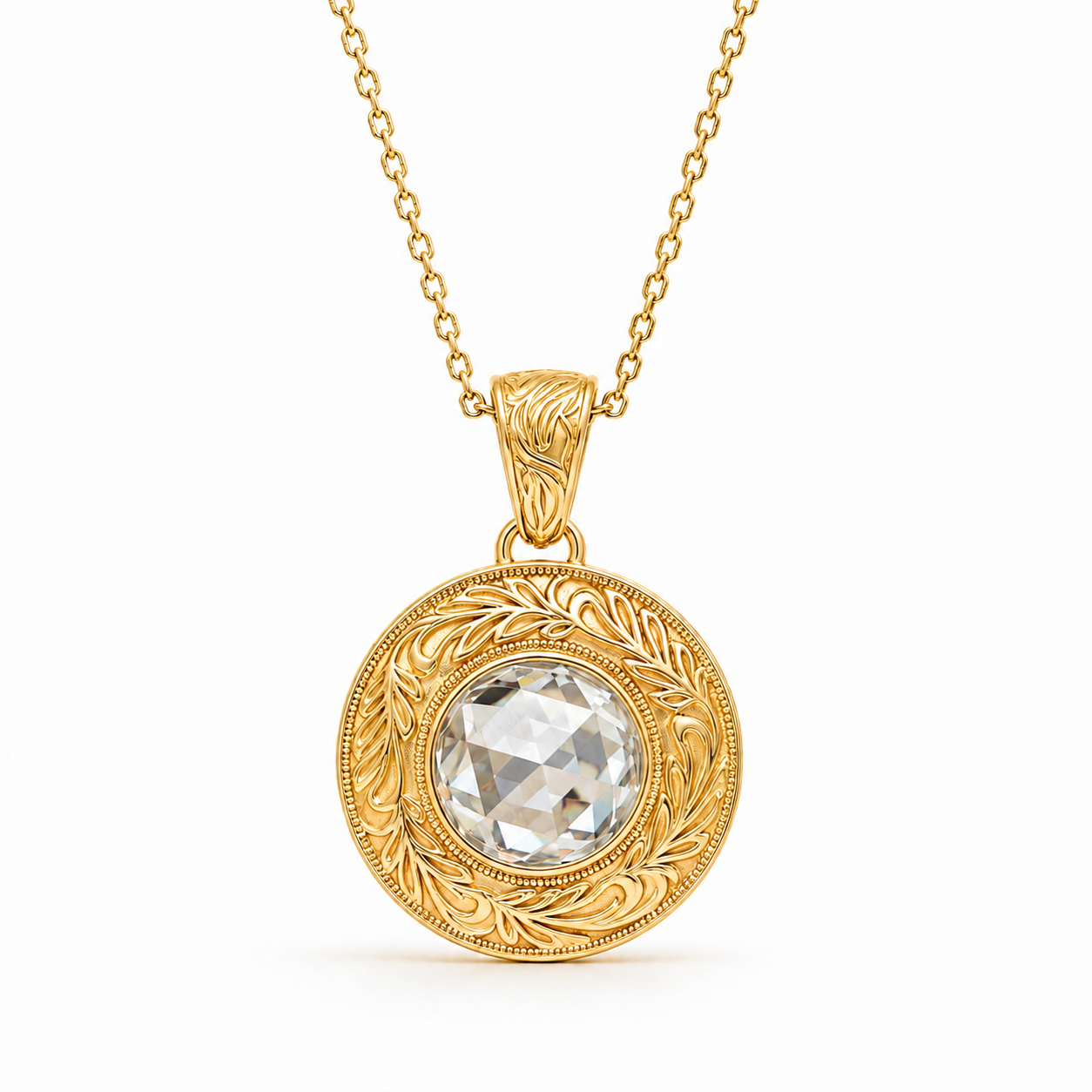 ZR Engraved Round Rose Cut Moissanite Pendant Necklace【JC】