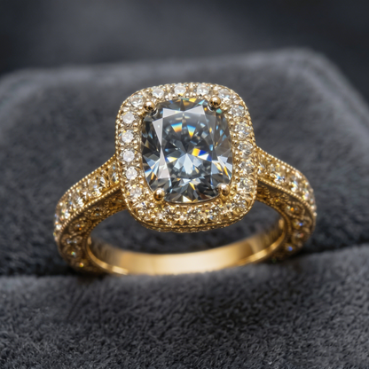 ZR Custom 4.5ct Grayish Blue Cushion Moissanite Halo S925 Silver Engagement Ring 【Amys】