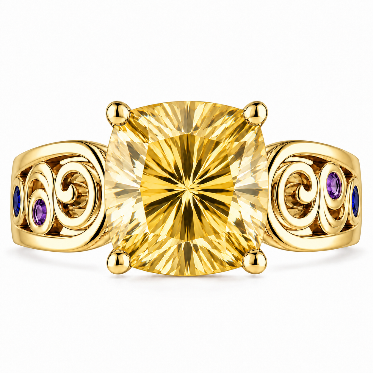 ZR Cushion Cut Citrine Vintage Scroll Ring 【Vanessa】