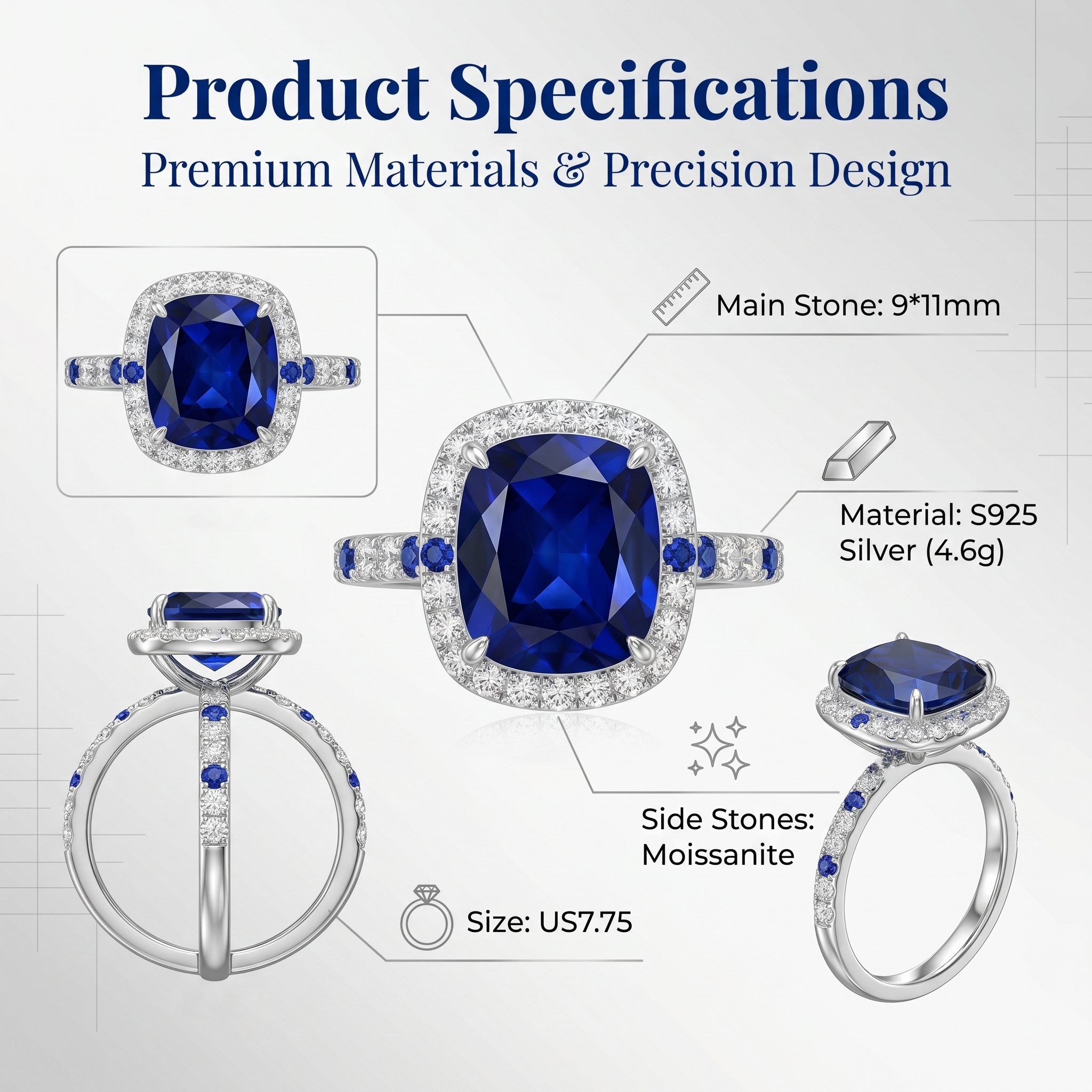 ZR Blue Grace 5.25ct Royal Blue Sapphire Halo 【Nancy】#4386