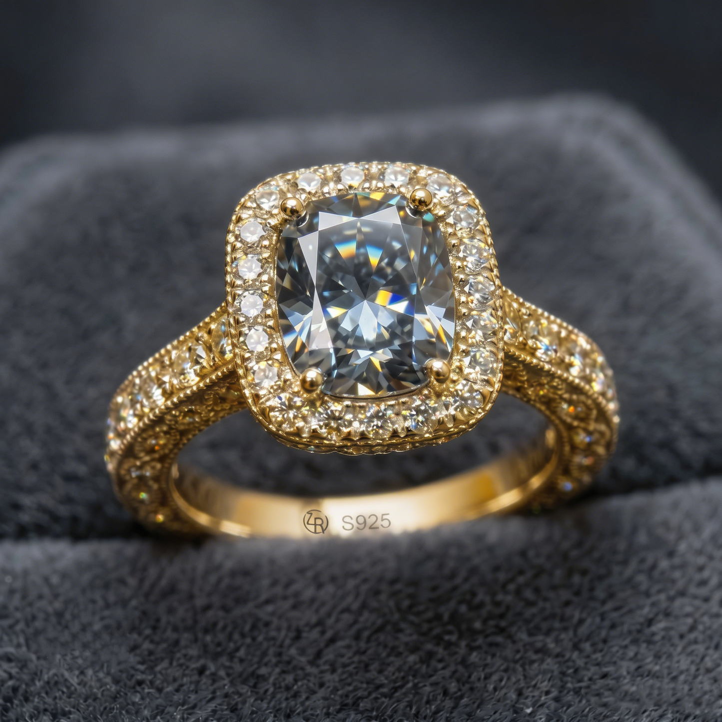 ZR Custom 4.5ct Grayish Blue Cushion Moissanite Halo S925 Silver Engagement Ring 【Amys】