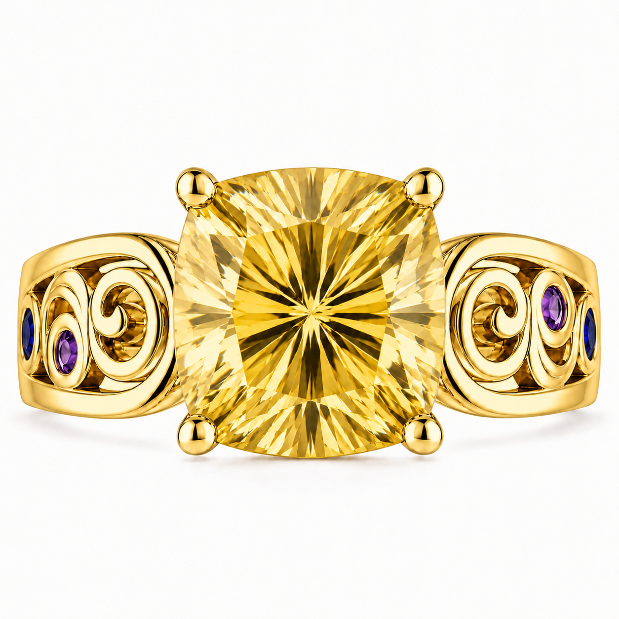 ZR Cushion Cut Citrine Vintage Scroll Ring 【Vanessa】
