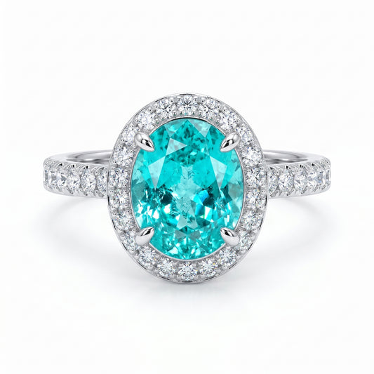 ZR Custom Oval Ice-Cut Paraiba Halo S925 Silver Engagement Ring -【Eren】