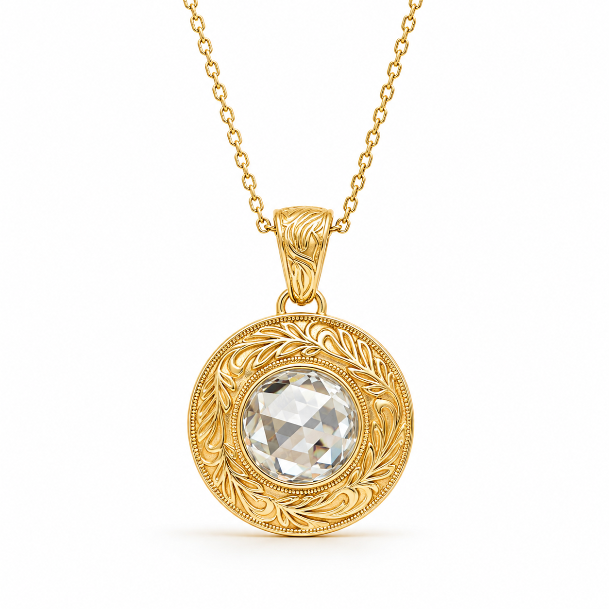 ZR Engraved Round Rose Cut Moissanite Pendant Necklace【JC】