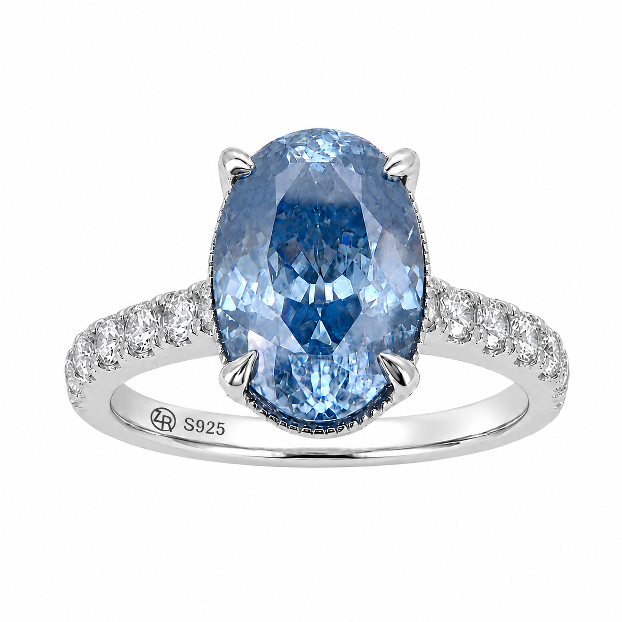 ZR Royal Blue Oval Cut Moissanite Ring 4.5ct Silver 【Eren】