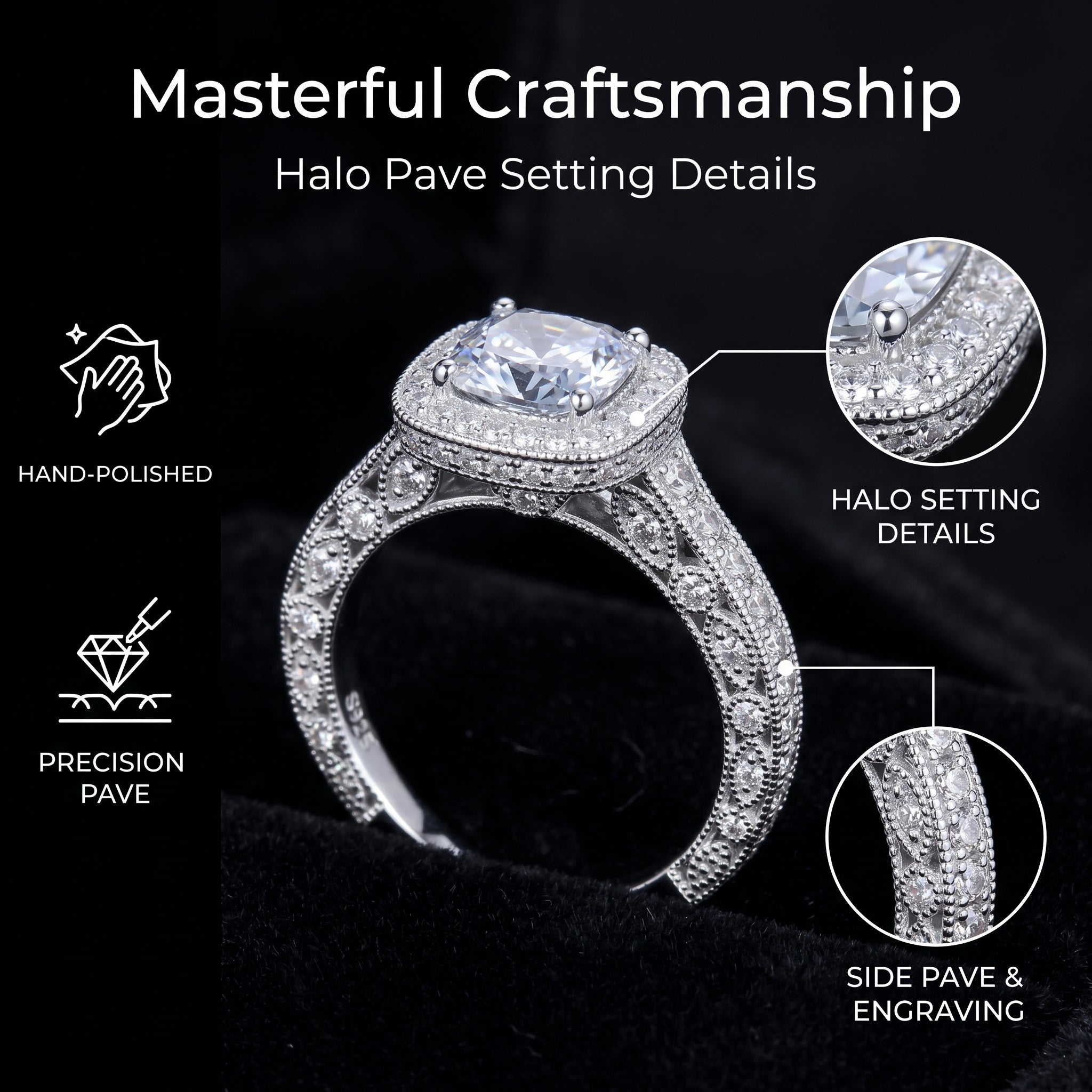 ZR Custom 4.5ct Grayish Blue Cushion Moissanite Halo S925 Silver Engagement Ring 【Amys】