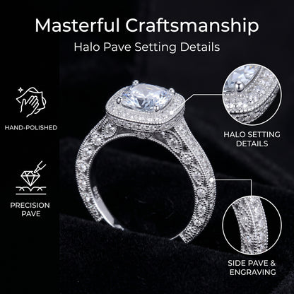 ZR Custom 4.5ct Grayish Blue Cushion Moissanite Halo S925 Silver Engagement Ring 【Amys】