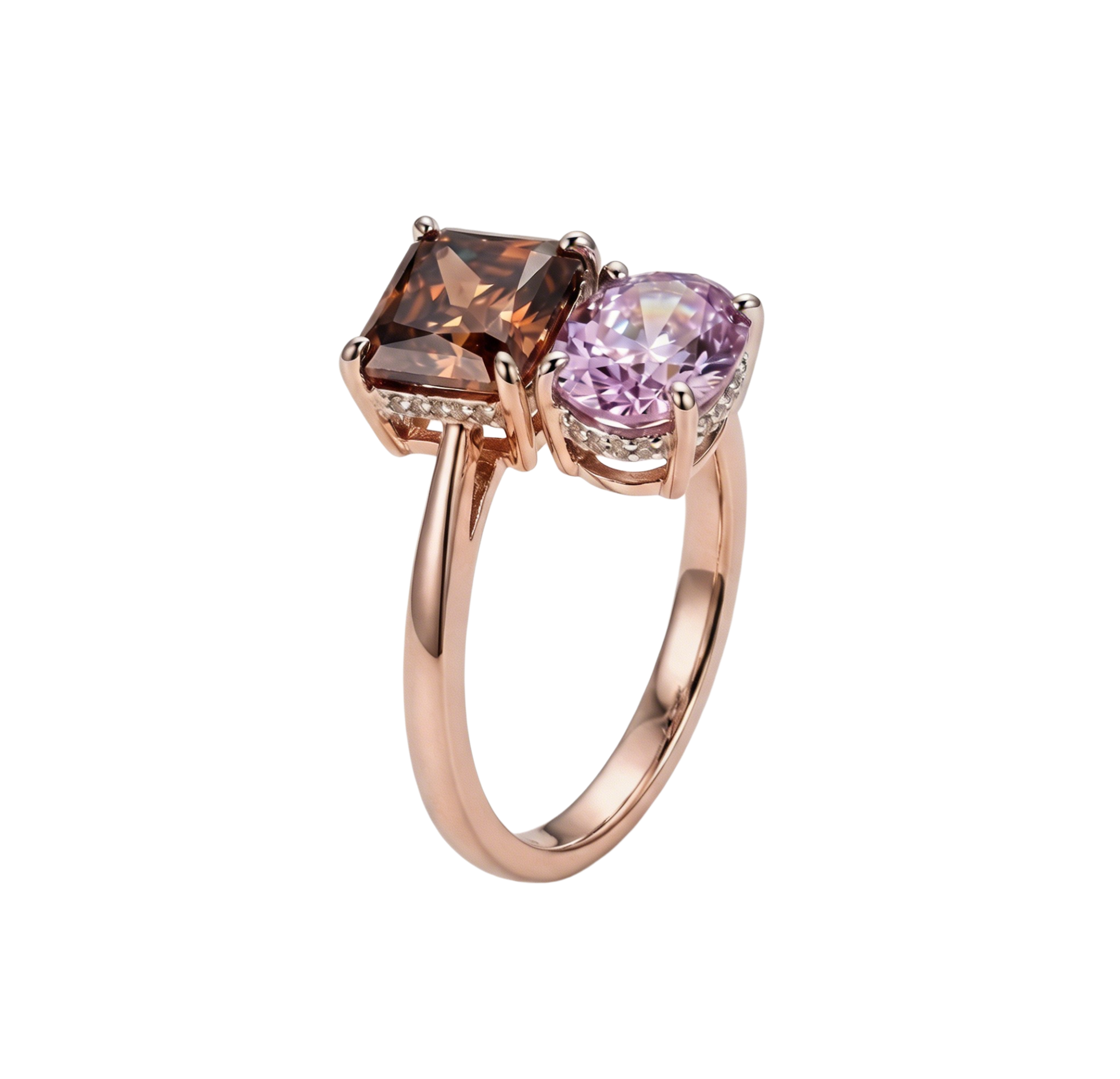 ZR Custom 3ct Radiant Cola Brown & Oval Purple YAG Two-Stone S925 Silver Ring【 Eren】#4144