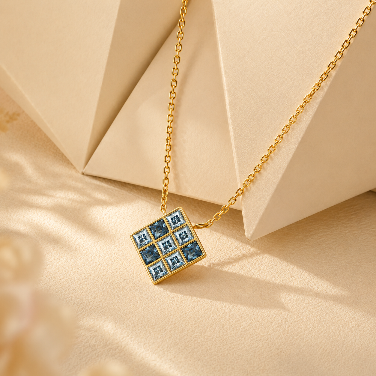 ZR Blue Princess Cut Geometric Pendant Necklace 【JC】