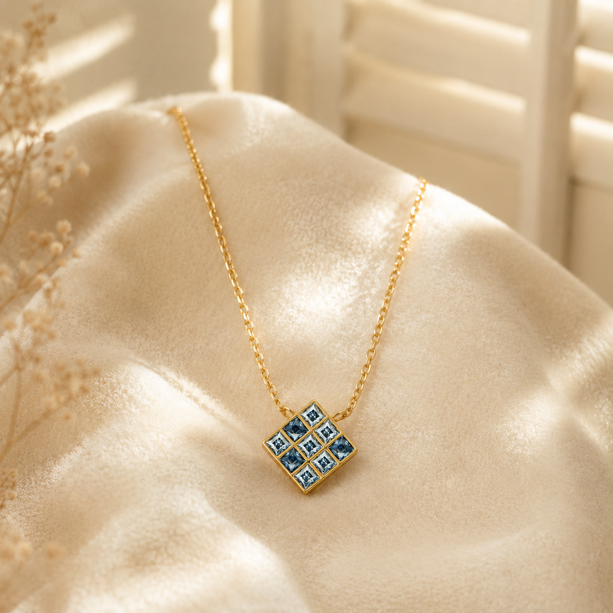 ZR Blue Princess Cut Geometric Pendant Necklace 【JC】
