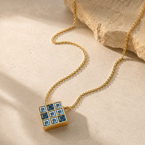 ZR Blue Princess Cut Geometric Pendant Necklace 【JC】