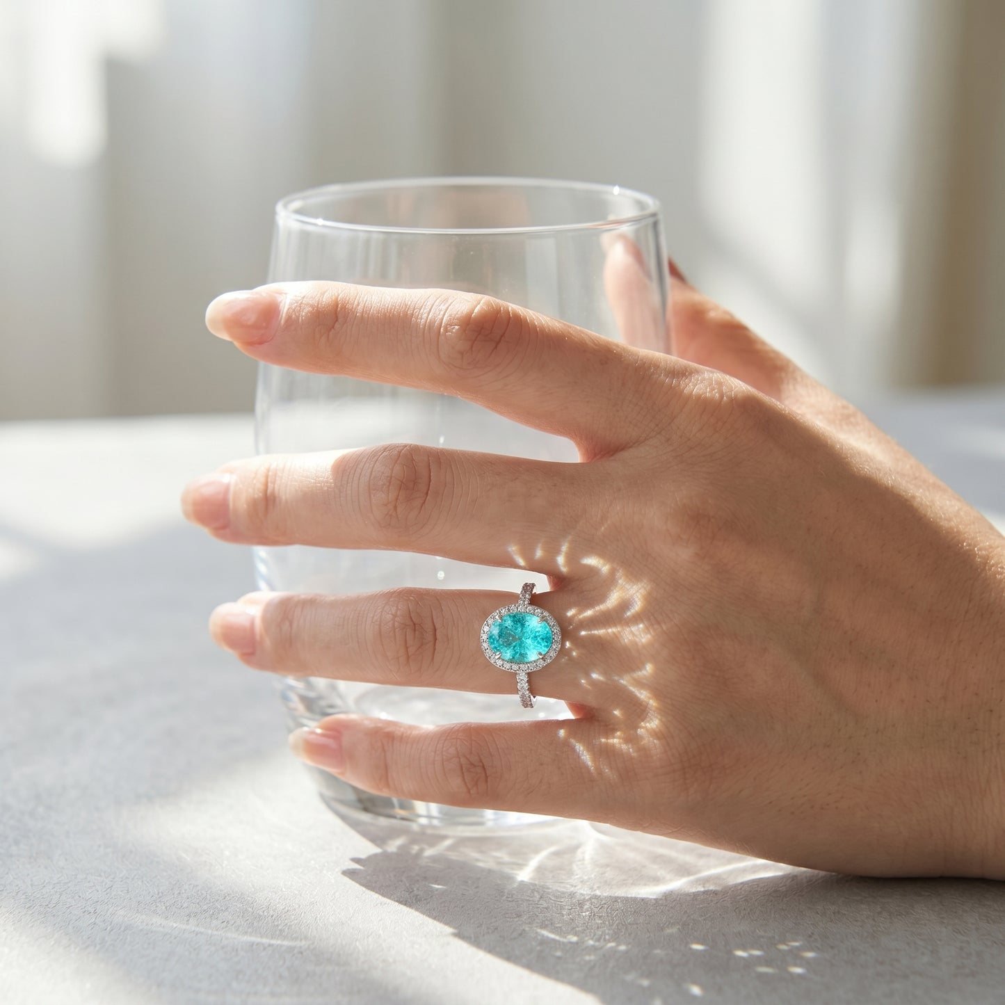 ZR Custom Oval Ice-Cut Paraiba Halo S925 Silver Engagement Ring -【Eren】