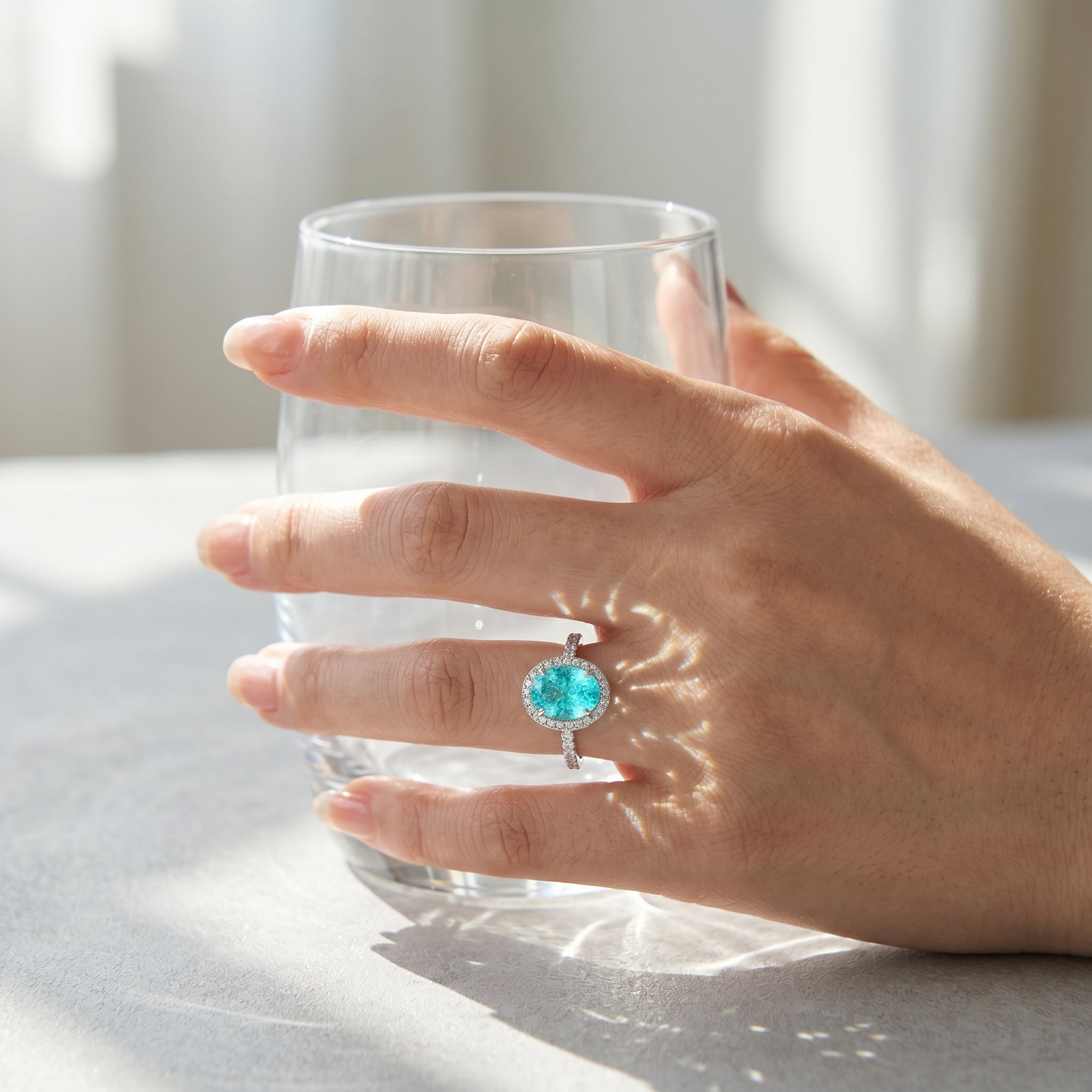ZR Custom Oval Ice-Cut Paraiba Halo S925 Silver Engagement Ring -【Eren】