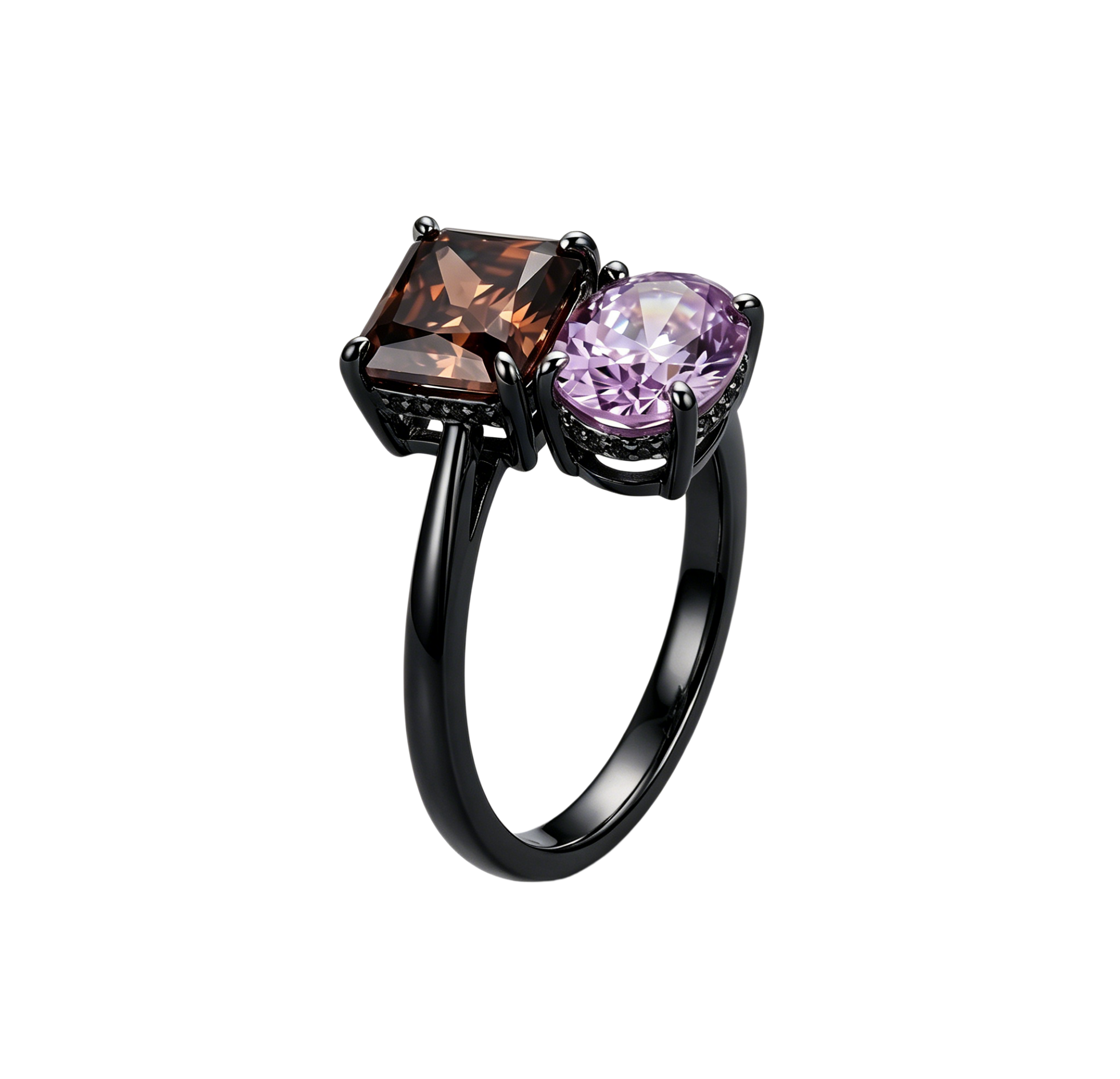 ZR Custom 3ct Radiant Cola Brown & Oval Purple YAG Two-Stone S925 Silver Ring【 Eren】#4144