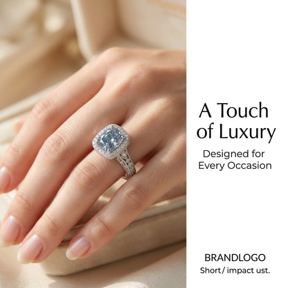 ZR Custom 4.5ct Grayish Blue Cushion Moissanite Halo S925 Silver Engagement Ring 【Amys】