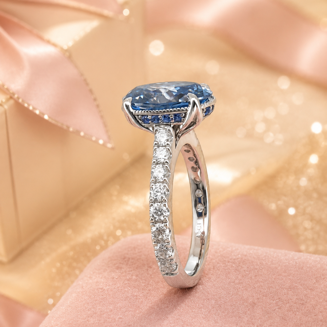 ZR Royal Blue Oval Cut Moissanite Ring 4.5ct Silver 【Eren】