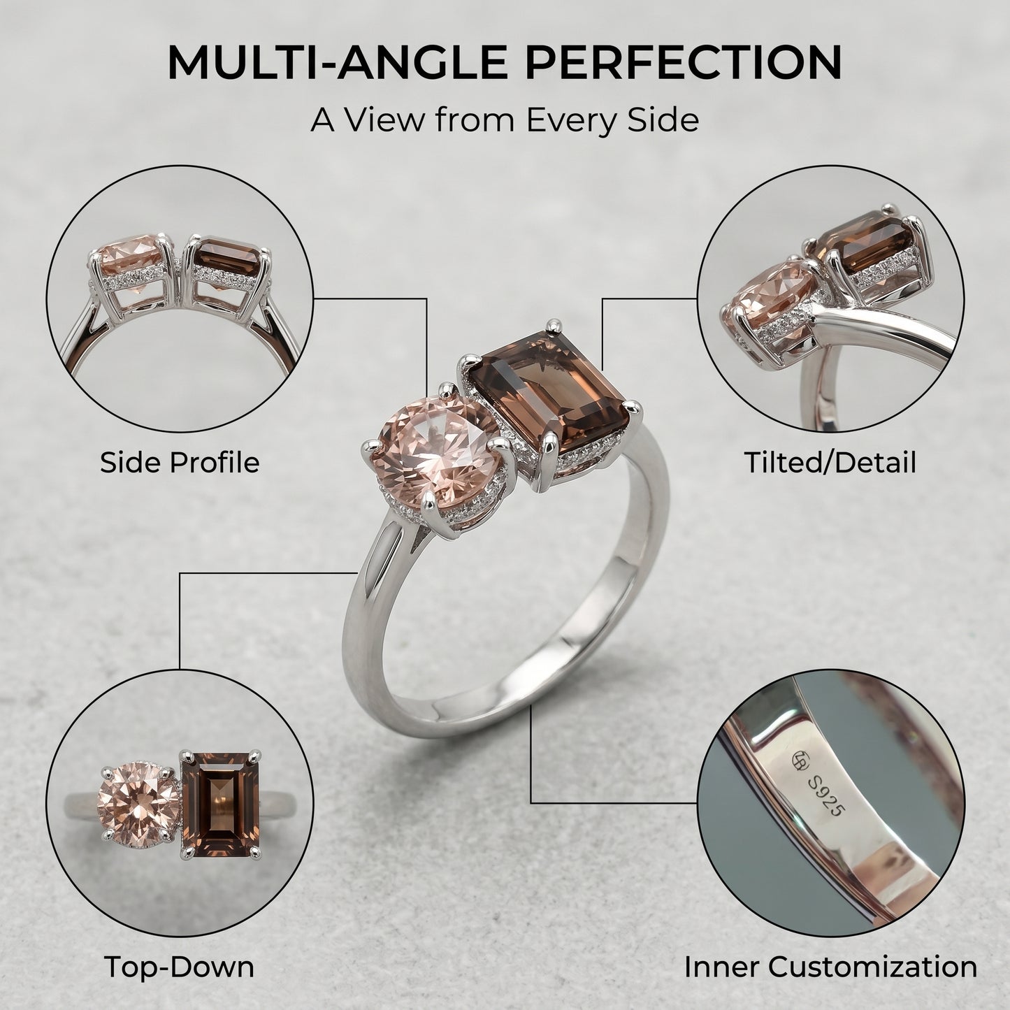 ZR Custom 3ct Radiant Cola Brown & Oval Purple YAG Two-Stone S925 Silver Ring【 Eren】#4144