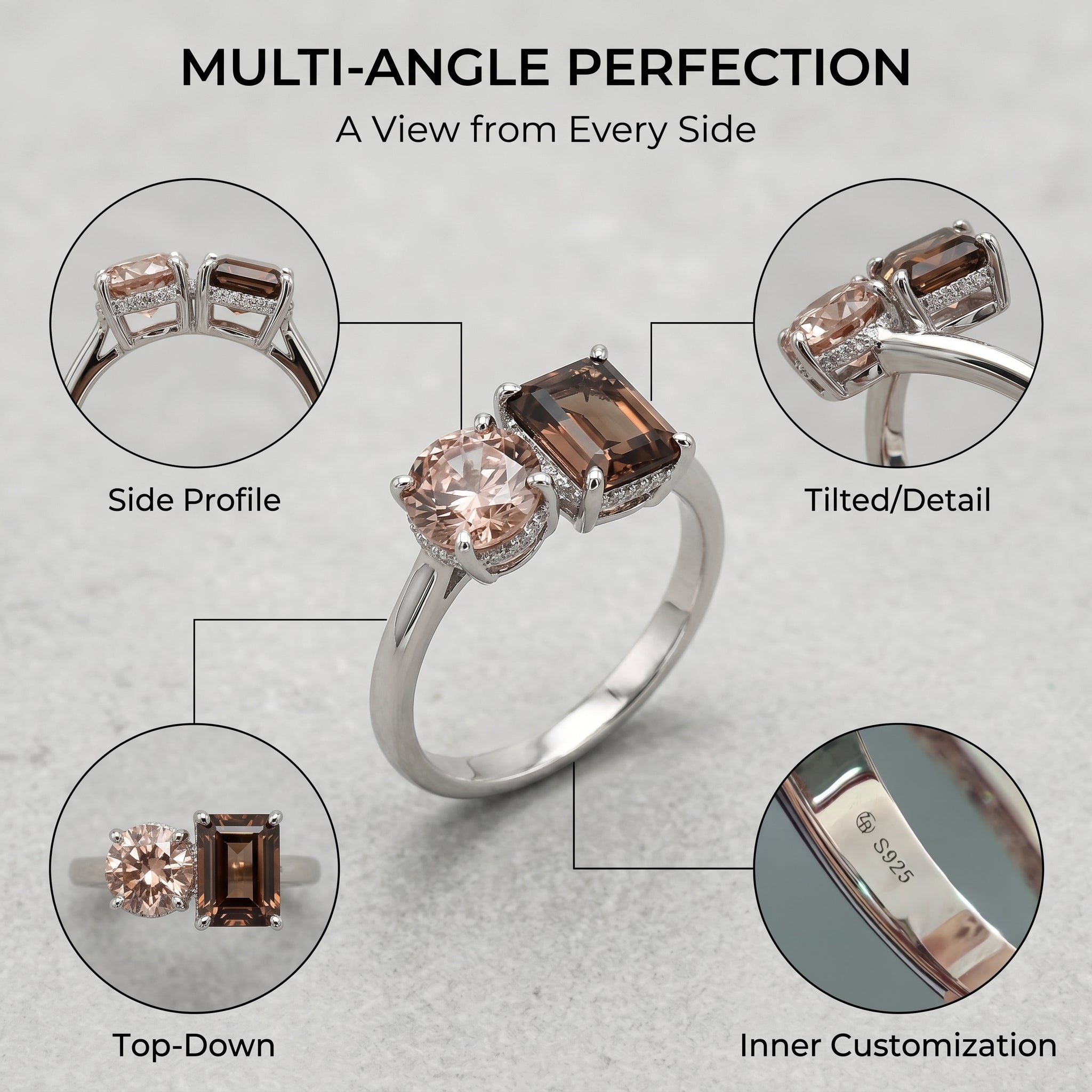 ZR Custom 3ct Radiant Cola Brown & Oval Purple YAG Two-Stone S925 Silver Ring【 Eren】#4144