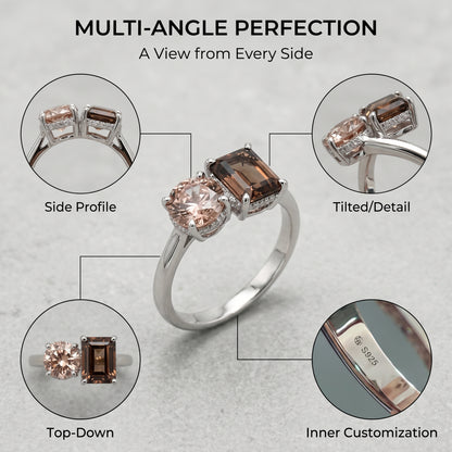ZR Custom 3ct Radiant Cola Brown & Oval Purple YAG Two-Stone S925 Silver Ring【 Eren】#4144