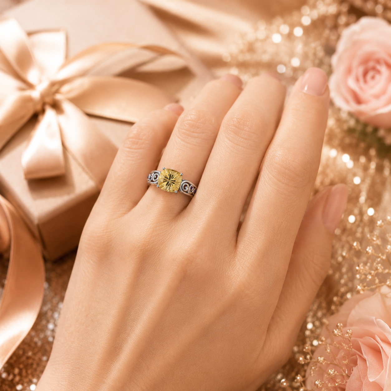 ZR Cushion Cut Citrine Vintage Scroll Ring 【Vanessa】