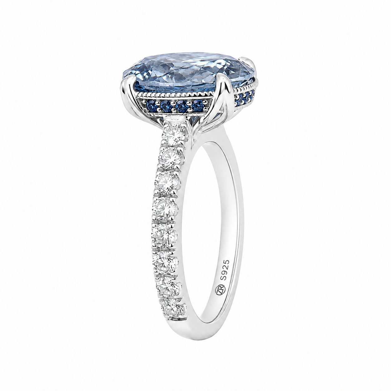 ZR Royal Blue Oval Cut Moissanite Ring 4.5ct Silver 【Eren】