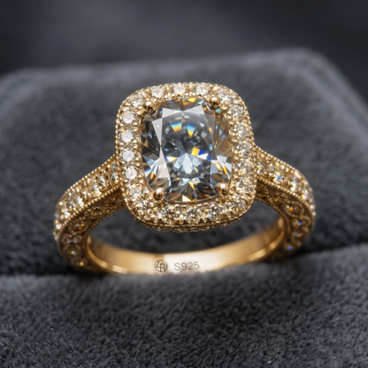 ZR Custom 4.5ct Grayish Blue Cushion Moissanite Halo S925 Silver Engagement Ring 【Amys】