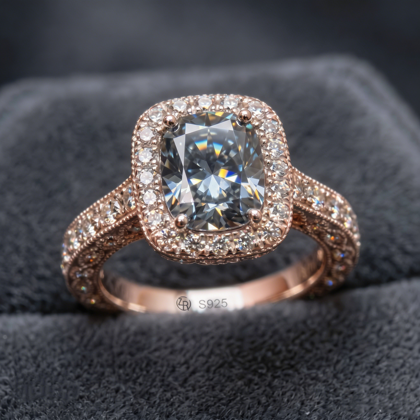 ZR Custom 4.5ct Grayish Blue Cushion Moissanite Halo S925 Silver Engagement Ring 【Amys】