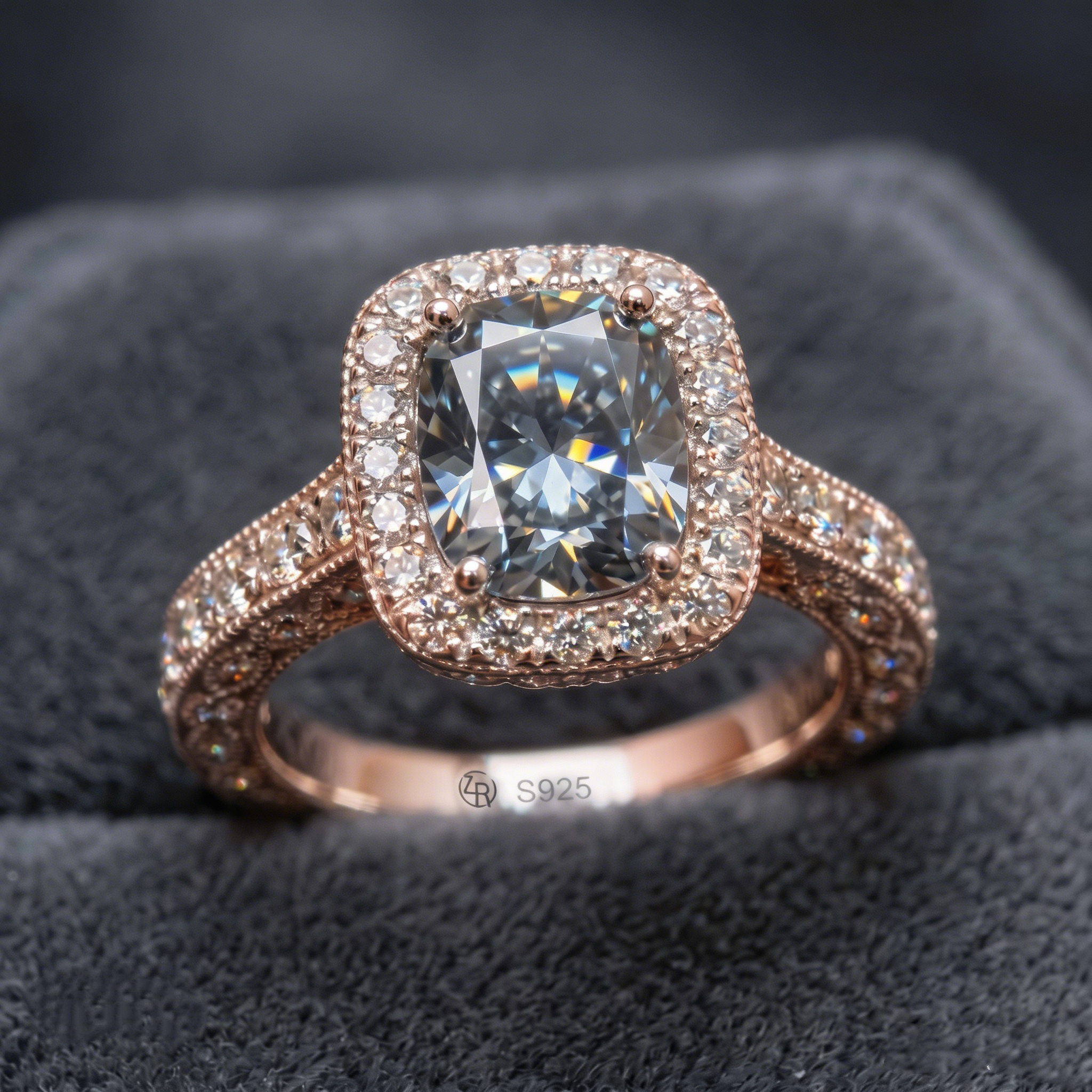 ZR Custom 4.5ct Grayish Blue Cushion Moissanite Halo S925 Silver Engagement Ring 【Amys】