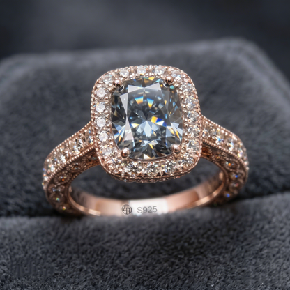 ZR Custom 4.5ct Grayish Blue Cushion Moissanite Halo S925 Silver Engagement Ring 【Amys】