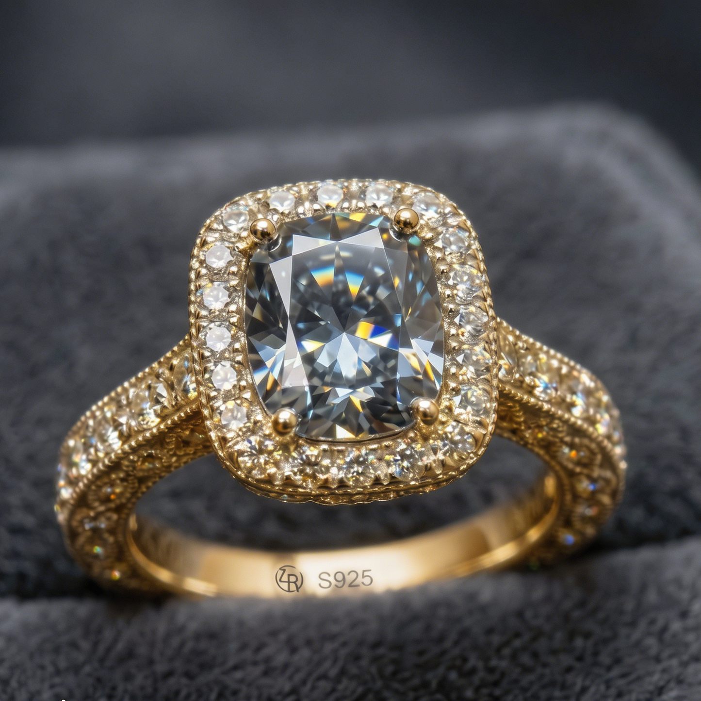 ZR Custom 4.5ct Grayish Blue Cushion Moissanite Halo S925 Silver Engagement Ring 【Amys】