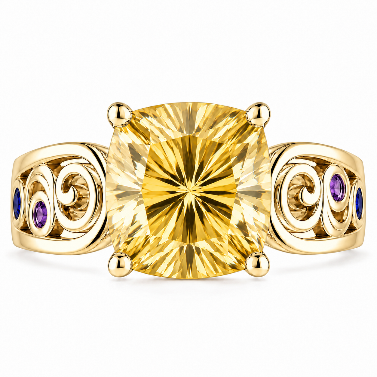 ZR Cushion Cut Citrine Vintage Scroll Ring 【Vanessa】
