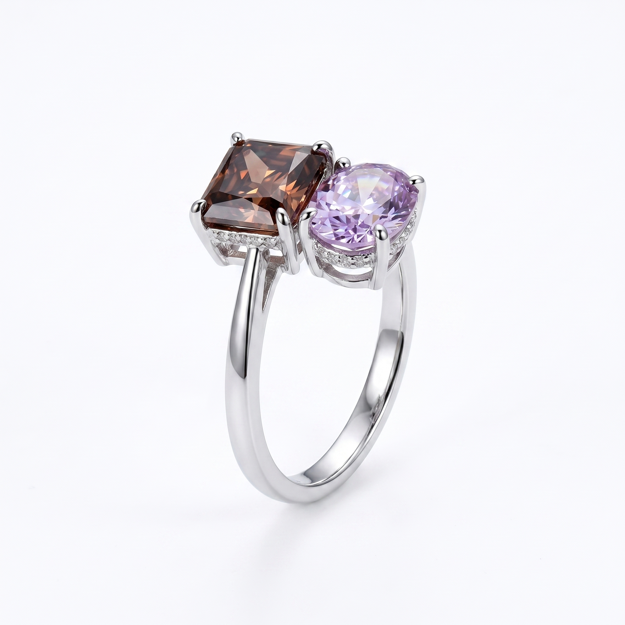 ZR Custom 3ct Radiant Cola Brown & Oval Purple YAG Two-Stone S925 Silver Ring【 Eren】#4144