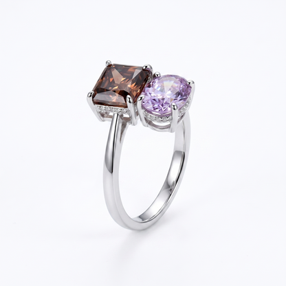 ZR Custom 3ct Radiant Cola Brown & Oval Purple YAG Two-Stone S925 Silver Ring【 Eren】#4144