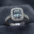 ZR Custom 4.5ct Grayish Blue Cushion Moissanite Halo S925 Silver Engagement Ring 【Amys】