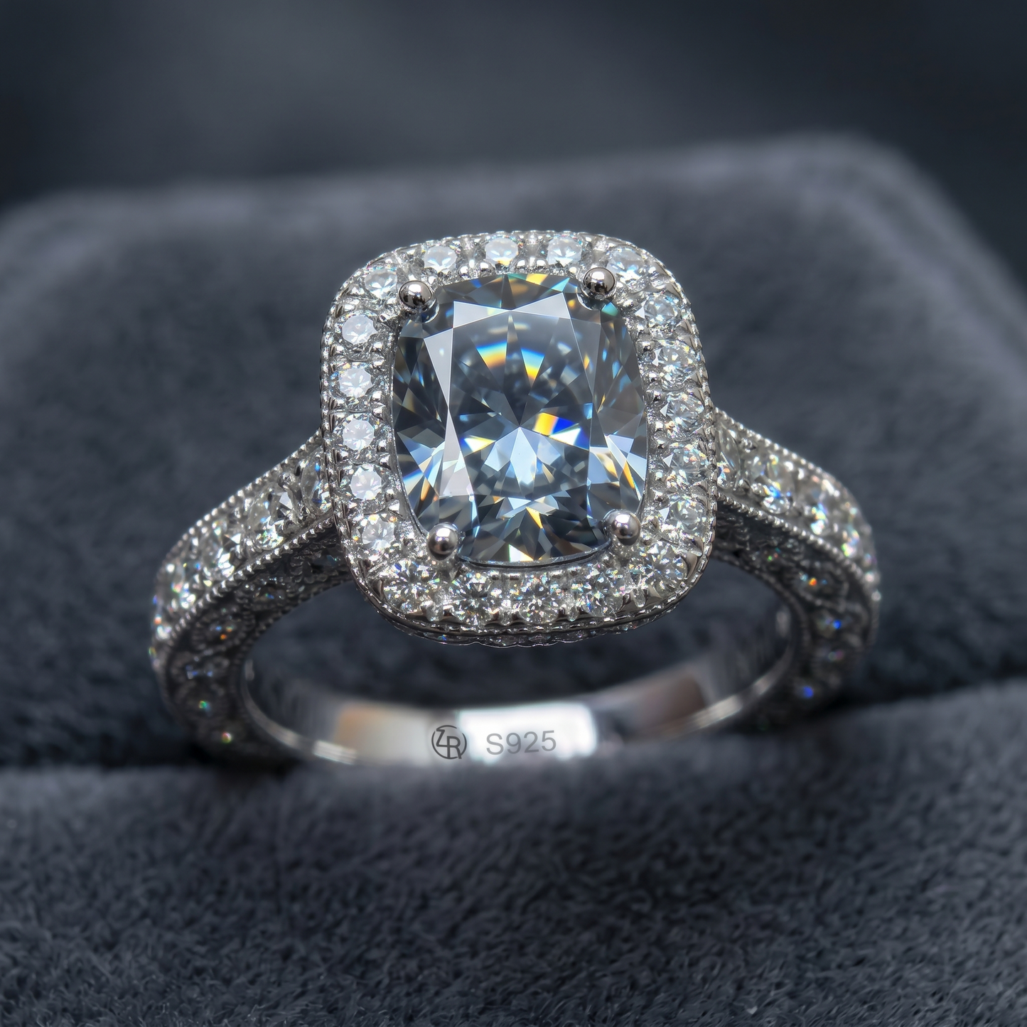 ZR Custom 4.5ct Grayish Blue Cushion Moissanite Halo S925 Silver Engagement Ring 【Amys】