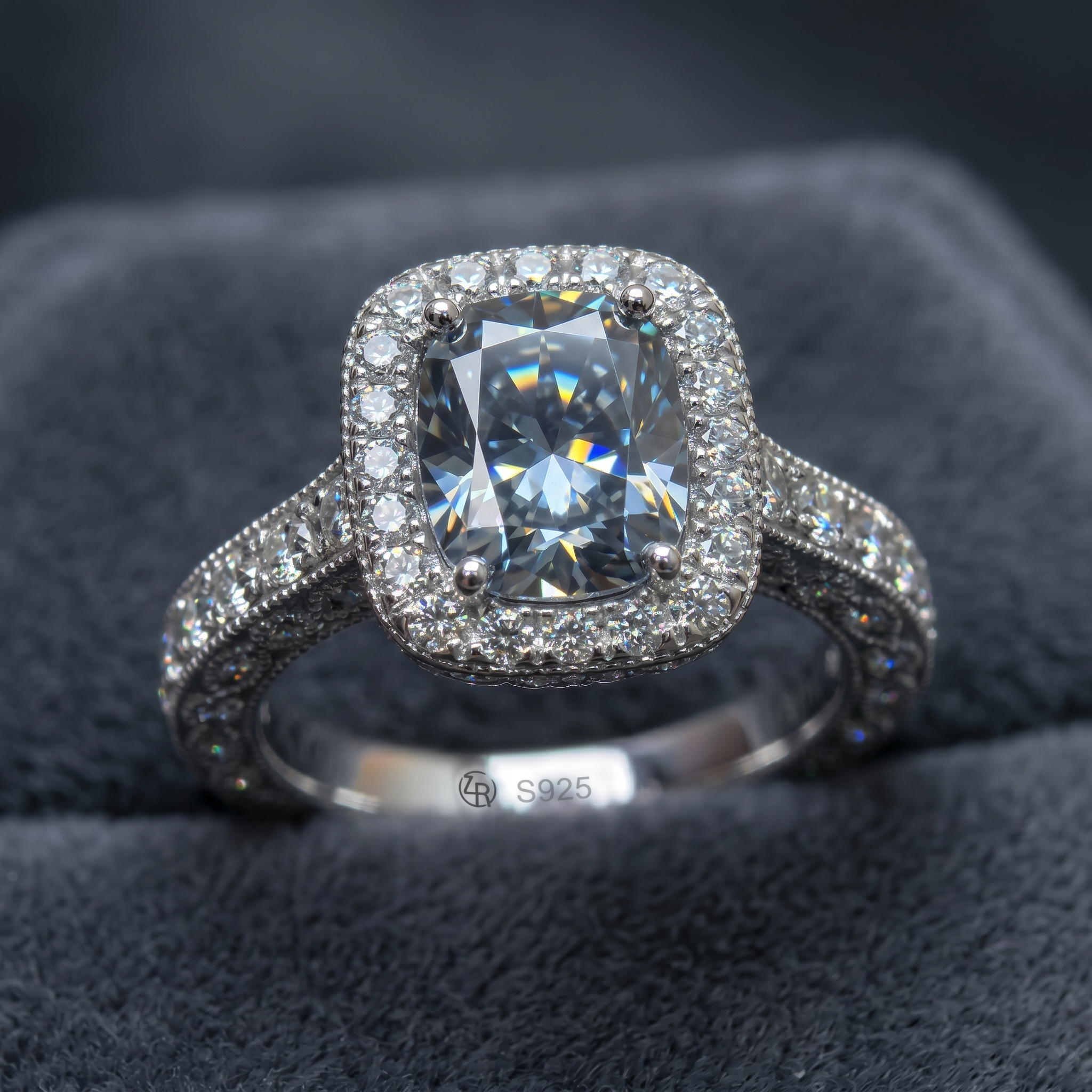 ZR Custom 4.5ct Grayish Blue Cushion Moissanite Halo S925 Silver Engagement Ring 【Amys】