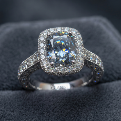 ZR Custom 4.5ct Grayish Blue Cushion Moissanite Halo S925 Silver Engagement Ring 【Amys】