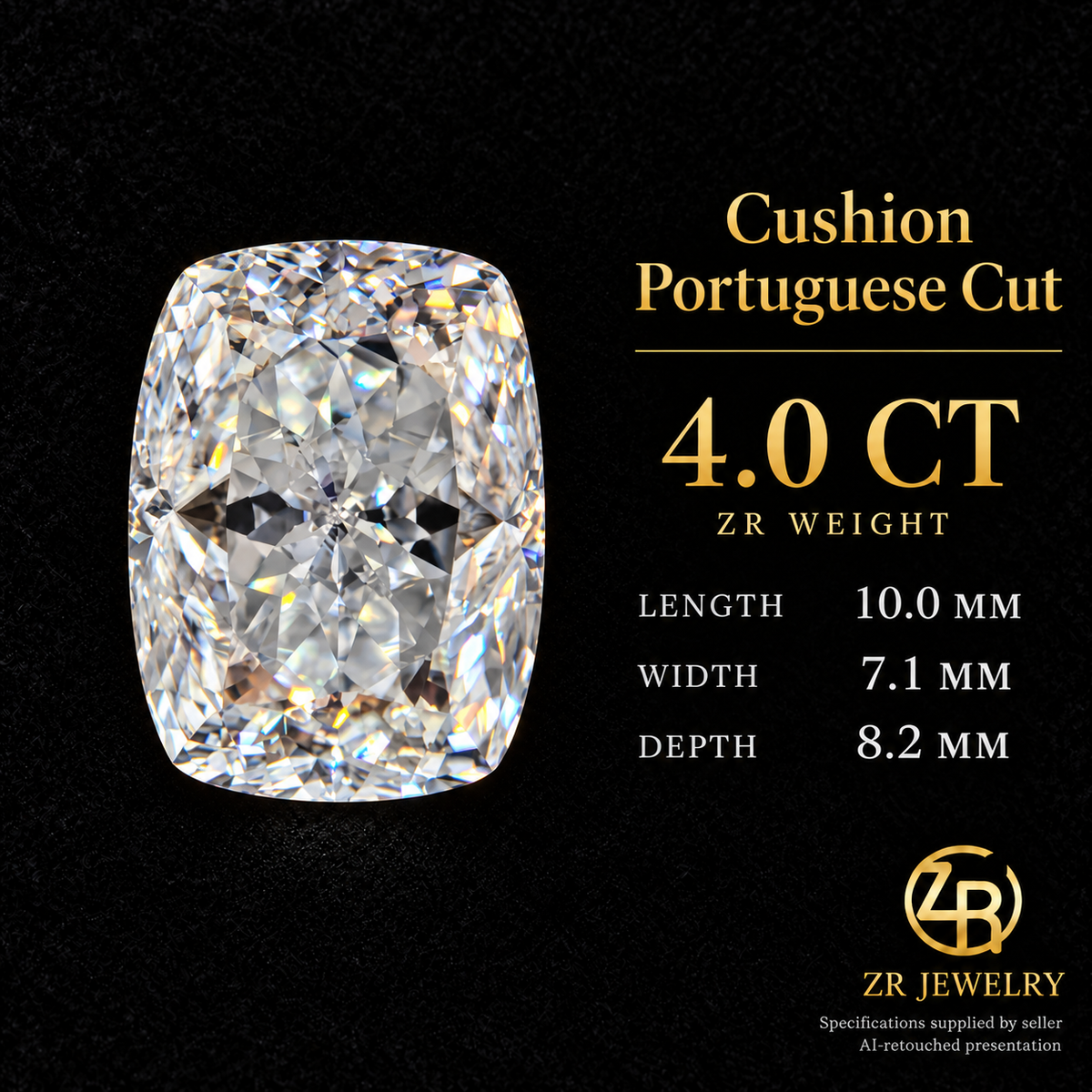10 × 7.1 mm | Elongated Cushion Portuguese Cut Moissanite | 4 ct