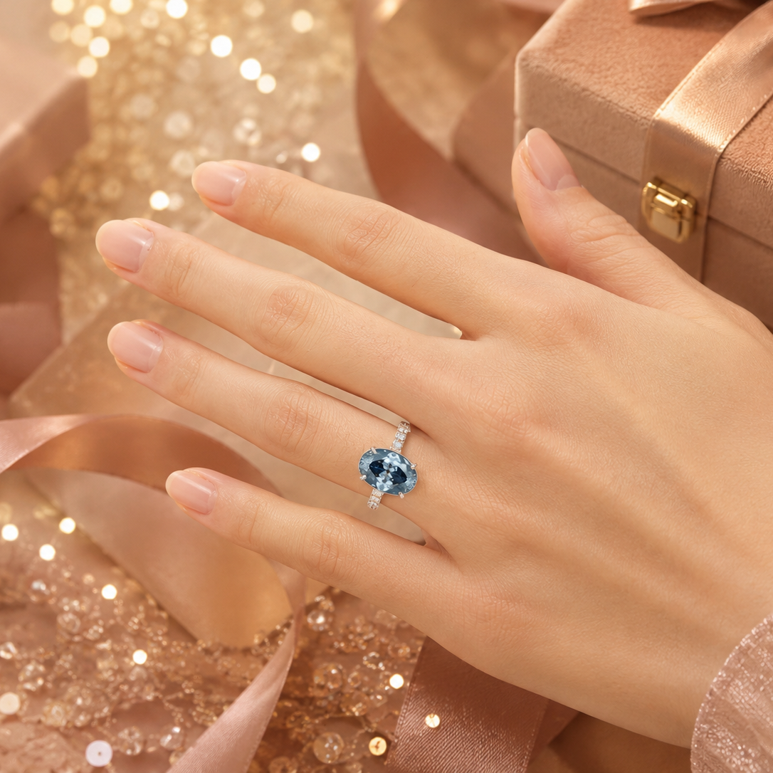 ZR Royal Blue Oval Cut Moissanite Ring 4.5ct Silver 【Eren】