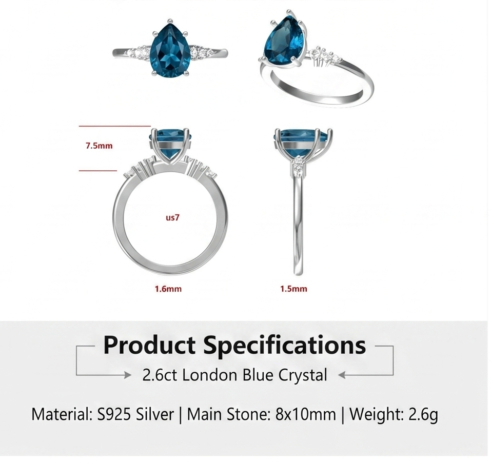 ZR Sapphire Tear London Blue Pear S925 Ring Jenny【Jenny】#4611