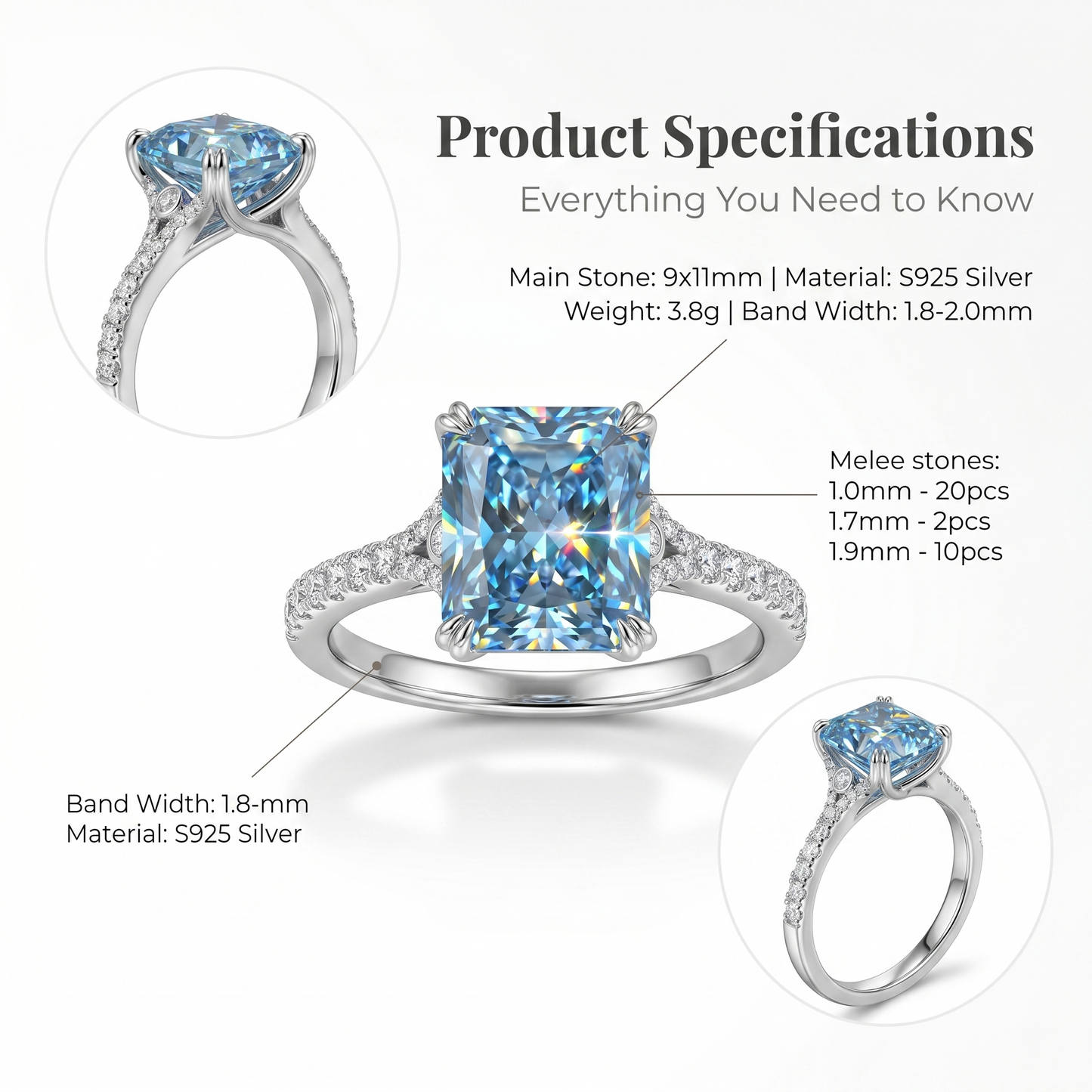 ZR Deep Tidal 5ct Royal Blue Radiant Moissanite S925 Ring 【Amy】#4614