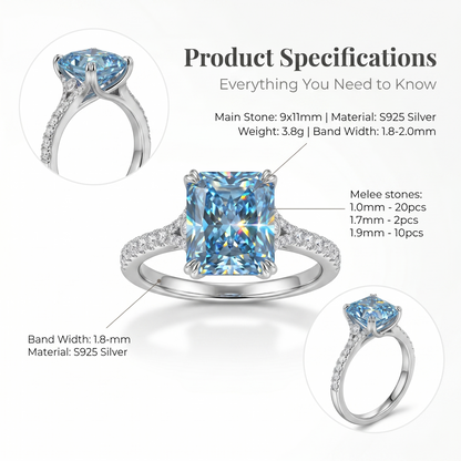 ZR Deep Tidal 5ct Royal Blue Radiant Moissanite S925 Ring 【Amy】#4614
