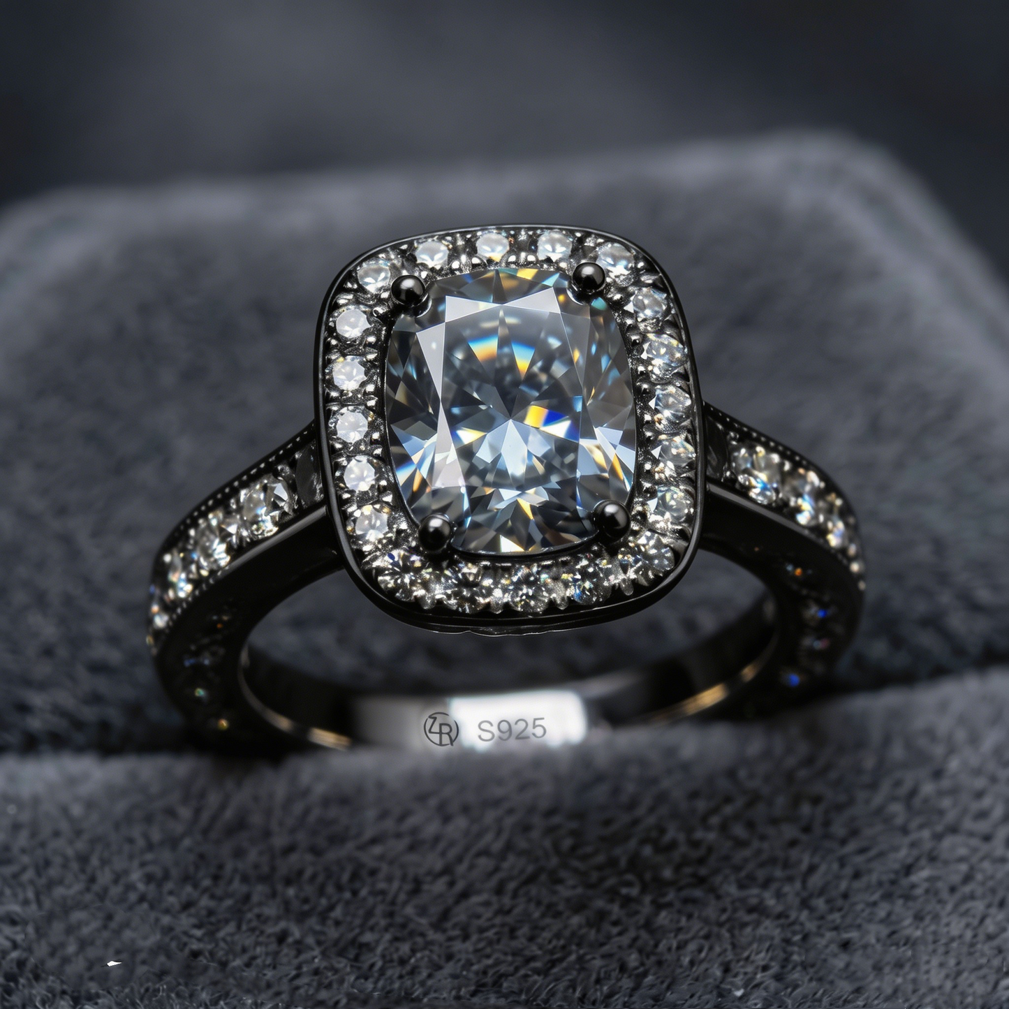 ZR Custom 4.5ct Grayish Blue Cushion Moissanite Halo S925 Silver Engagement Ring 【Amys】