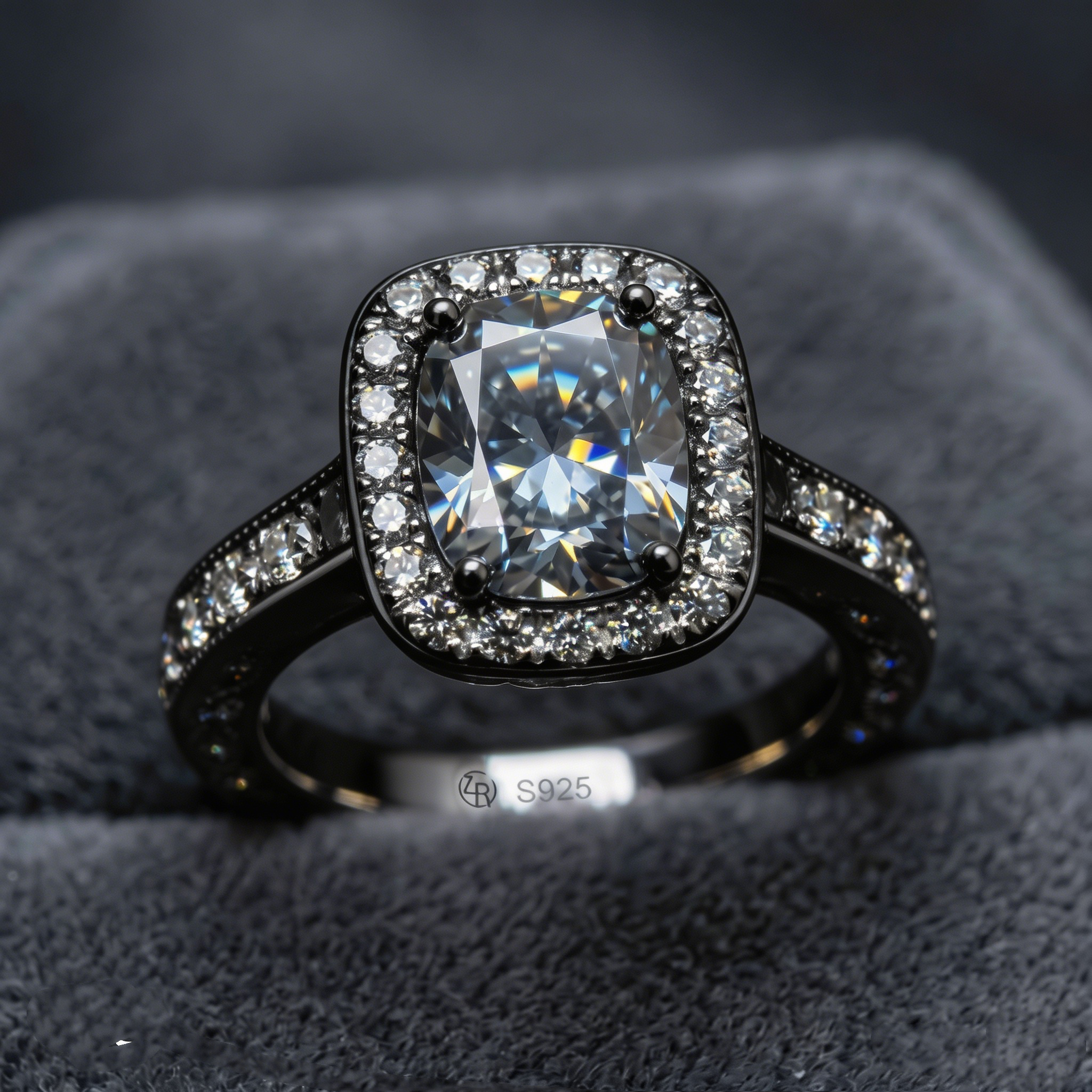 ZR Custom 4.5ct Grayish Blue Cushion Moissanite Halo S925 Silver Engagement Ring 【Amys】