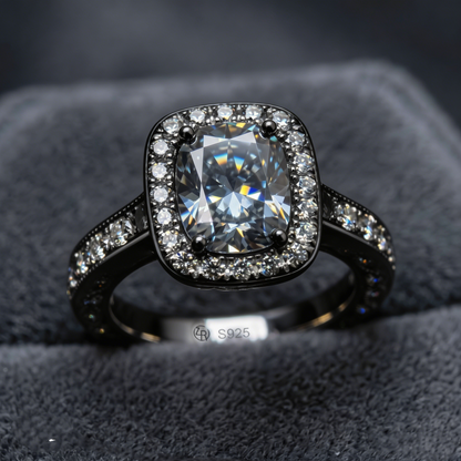 ZR Custom 4.5ct Grayish Blue Cushion Moissanite Halo S925 Silver Engagement Ring 【Amys】