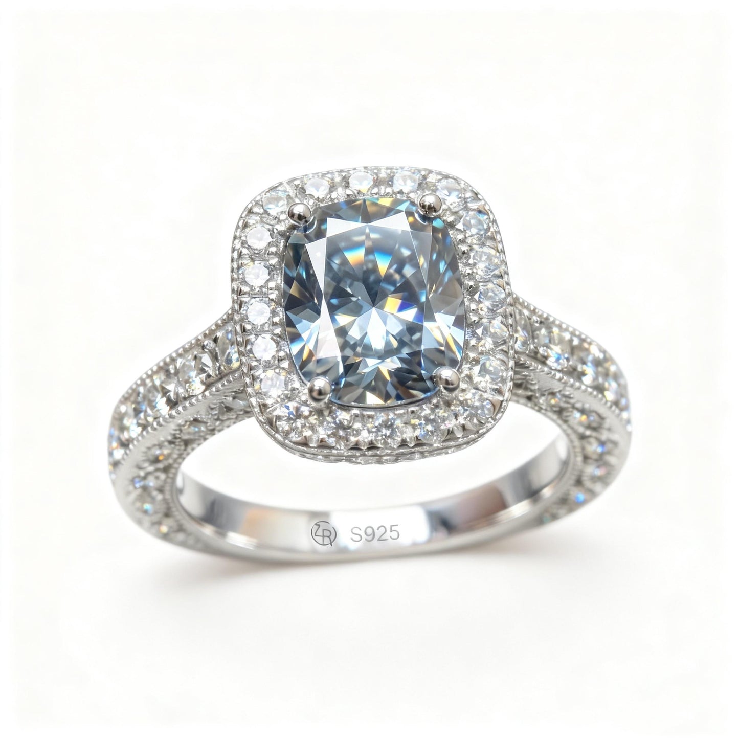 ZR Custom 4.5ct Grayish Blue Cushion Moissanite Halo S925 Silver Engagement Ring 【Amys】