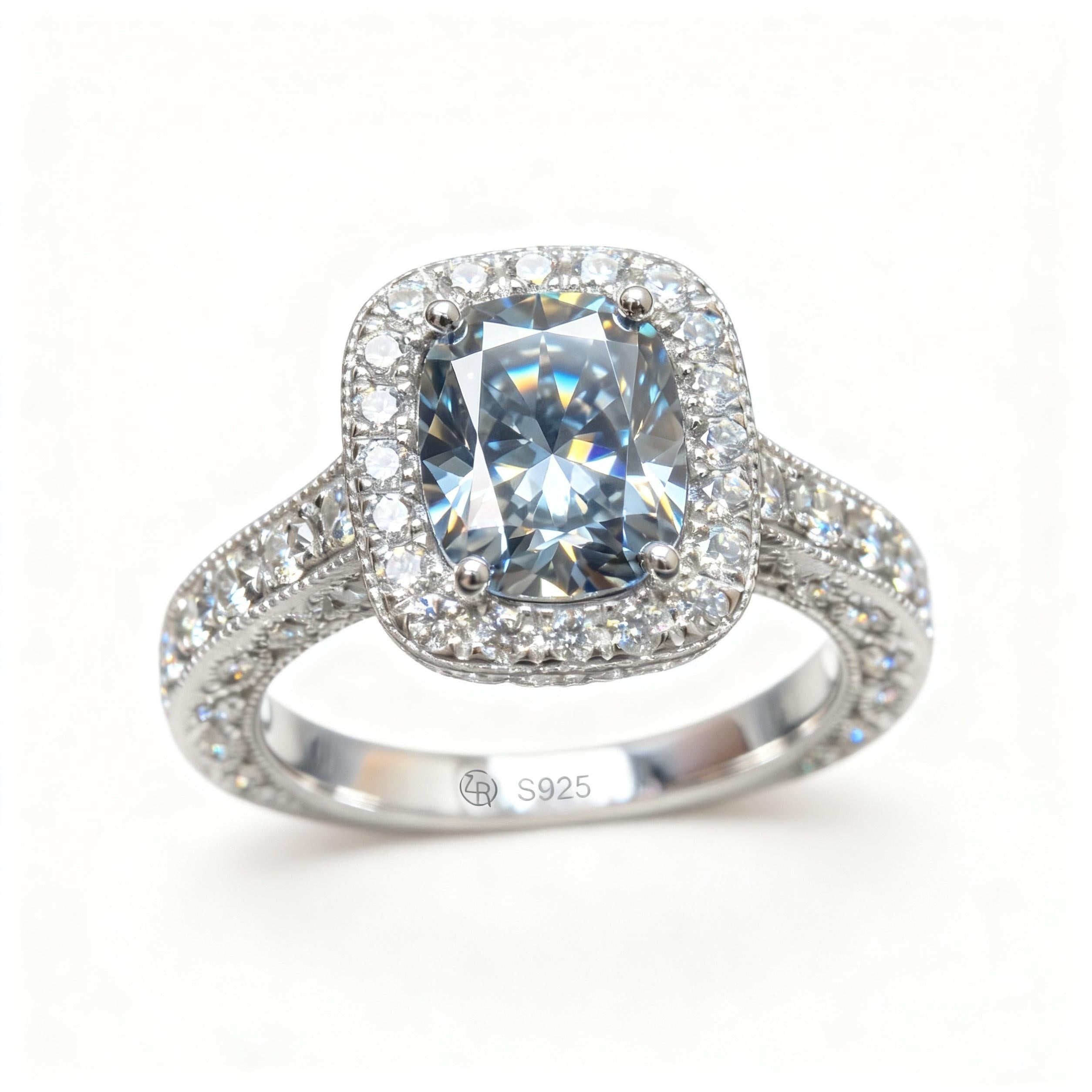 ZR Custom 4.5ct Grayish Blue Cushion Moissanite Halo S925 Silver Engagement Ring 【Amys】
