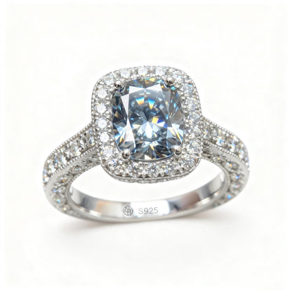 ZR Custom 4.5ct Grayish Blue Cushion Moissanite Halo S925 Silver Engagement Ring 【Amys】